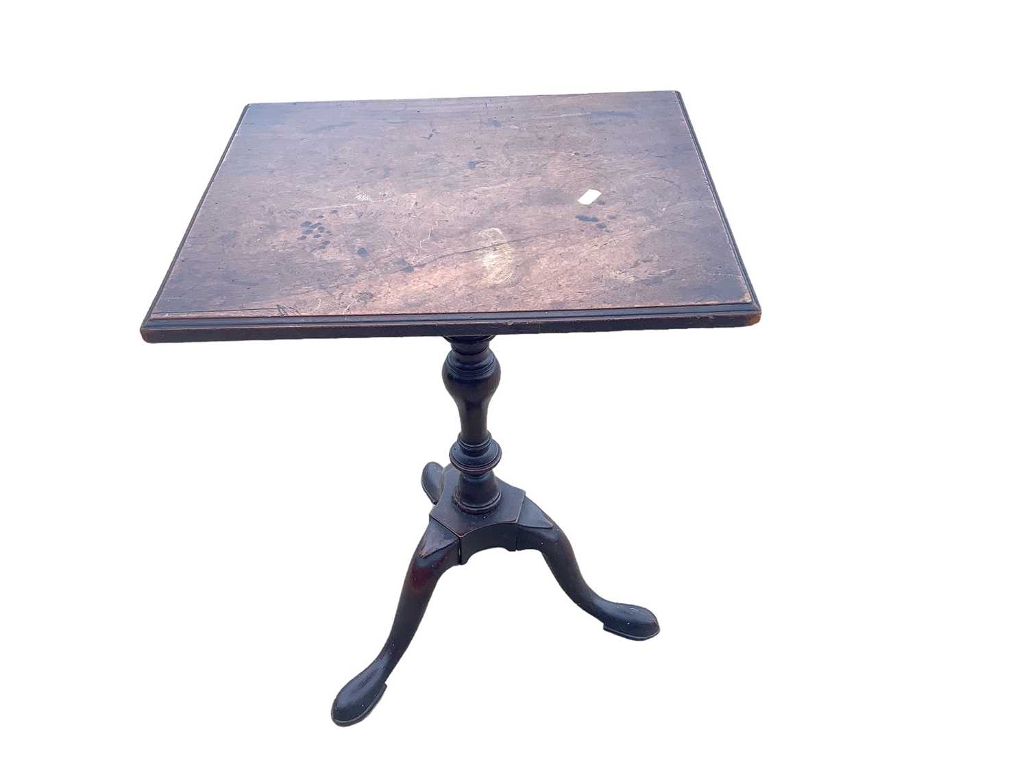 Georgian mahogany tilt top wine table on turned column and three splayed legs, 46cm wide, 40cm deep,