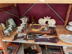 Collection of Art Deco items to include a peach tinted mirror, various ceramics and metalwork