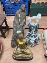 Gold painted metal seated Buddha, resin Chinese pig model and abstract figure of a seated man (3).