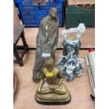 Gold painted metal seated Buddha, resin Chinese pig model and abstract figure of a seated man (3).