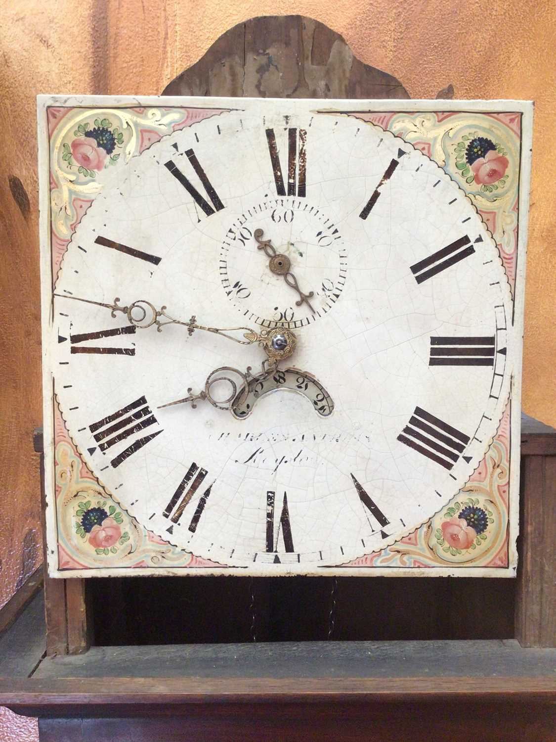 19th century 30 hour longcase clock with painted square dial in oak case with castellated top (no w - Image 5 of 7