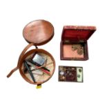 Antique jewelers box and various contents together with a leather stud box and vintage pens