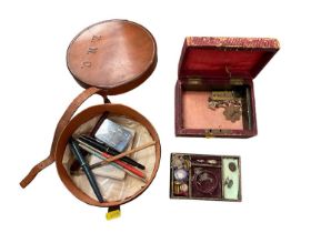 Antique jewelers box and various contents together with a leather stud box and vintage pens