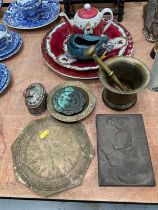 Islamic brass sundial, pestle and mortar, Persian ceramics and other items.