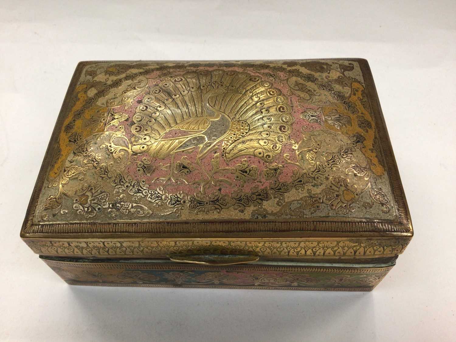 Group of silver and white metal spoons and pair of silver sugar tongs, in a brass inlaid box - Image 4 of 4