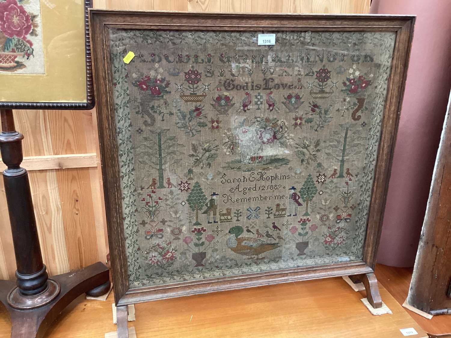 Victorian sampler dated 1882 ' Sarah Hopkins Aged 12' in glazed fire screen frame and Victorian rose - Image 2 of 3