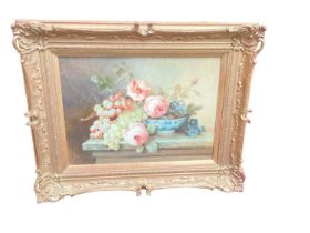 M. H. Wenn - oil on board in gilt frame- still life with a delft bowl of flowers and fruit