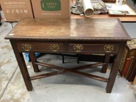 Early 20th century oak hall table with two drawers on square legs joined by x frame stretchers, 107c