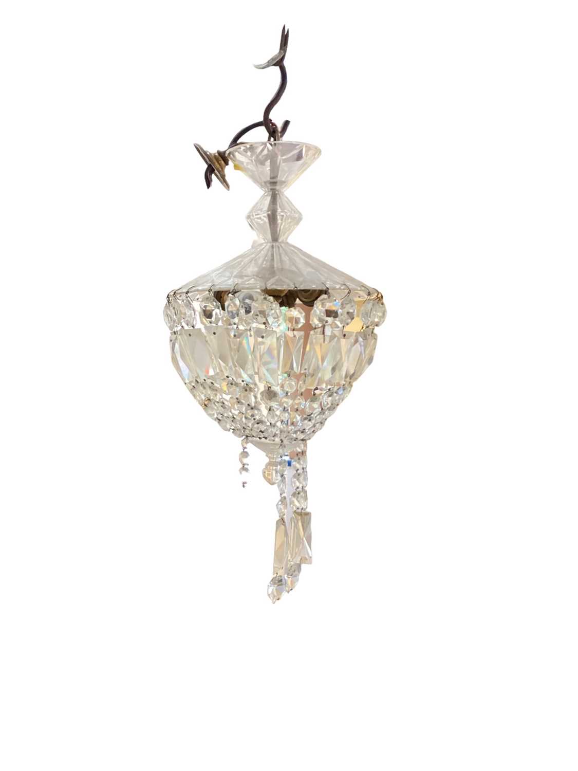 Edwardian cut glass ceiling light with prismatic drops and three watercolours of village views and f