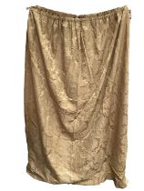 Pair of gold curtains with floral pattern, measuring approximately 120cm pleated top, 200cm drop and