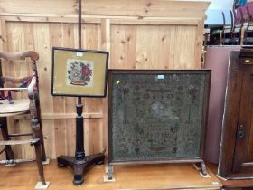 Victorian sampler dated 1882 ' Sarah Hopkins Aged 12' in glazed fire screen frame and Victorian rose