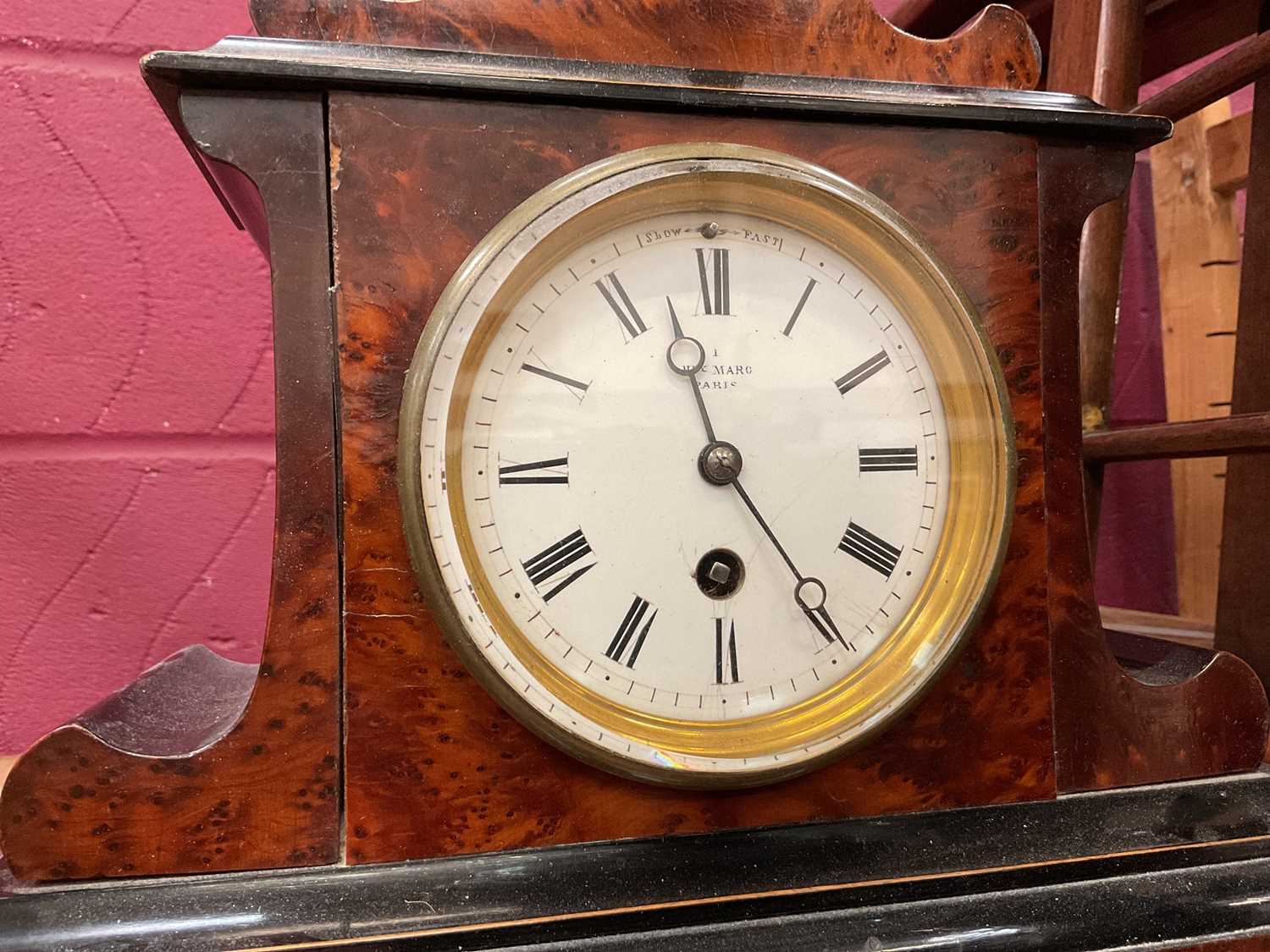 Henry Marc of Paris burr wood mantel clock with enamel dial, together with a silver plated clock and - Image 2 of 2