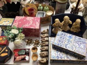 Victorian-style toleware planter, table lamp with cherub decoration, various decorative boxes, ornam