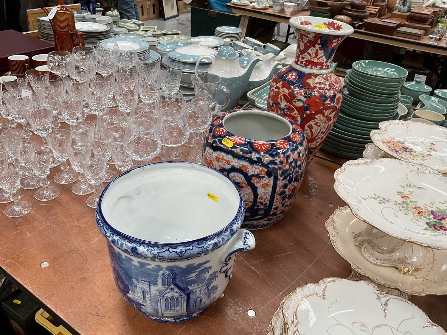 Two early 20th century Japanese Imari pottery vases and a George Jones 'Abbey' pattern blue and whit