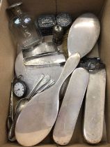 Silver backed dressing table items, silver teaspoons, silver buckle bangle, silver cased fob watch,