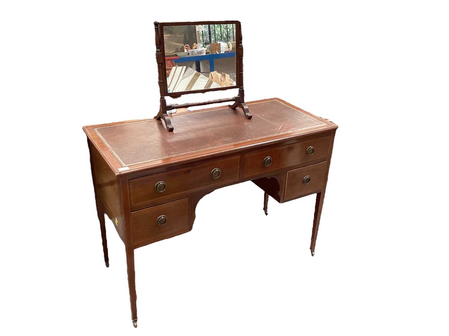 Edwardian mahogany writing table/dressing table with swing toilet mirror