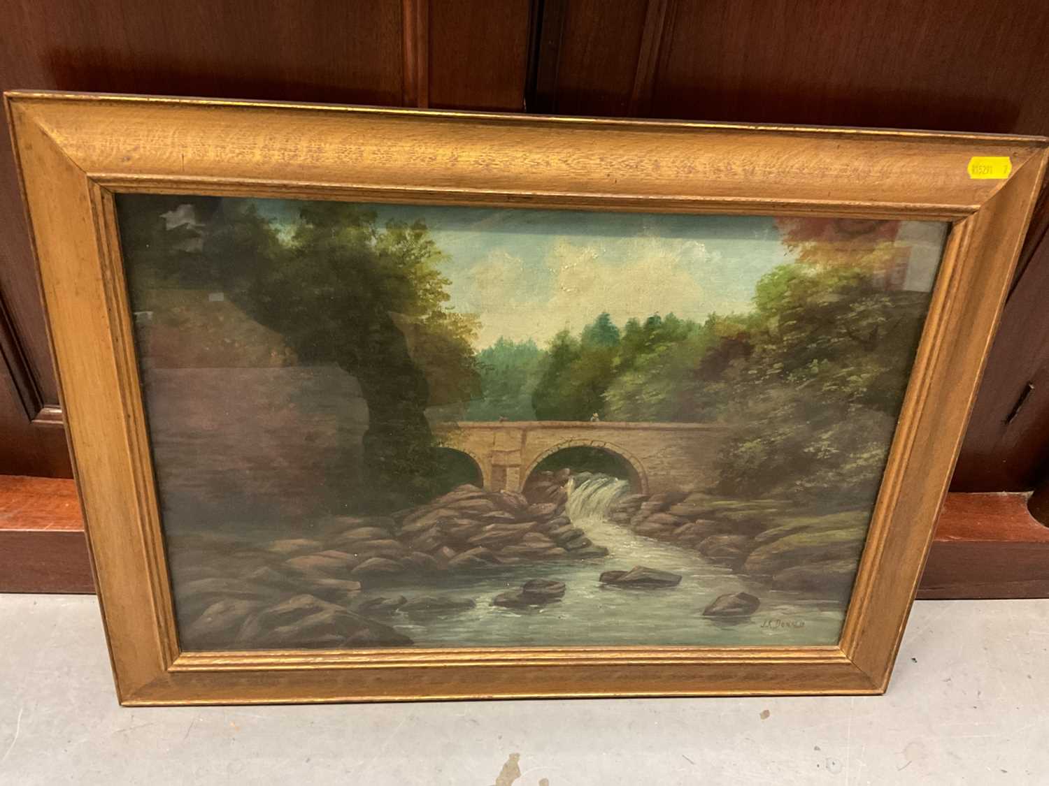 J. K. Donald, Edwardian oil on canvas - Bridge over a River, signed, in glazed gilt frame