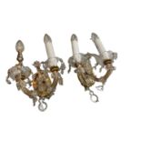 Pair of brass wall lights, an oil lamp and silver plated basket