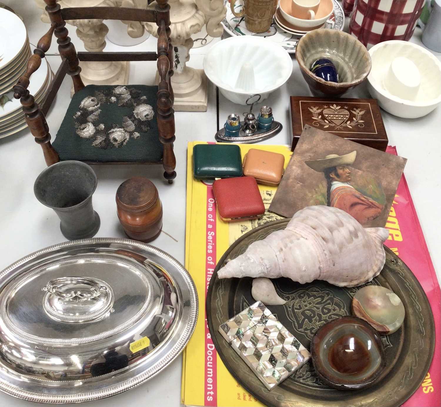 19th century apprentice piece/doll's chair with beadwork seat, silver plated tureen, mother of pearl