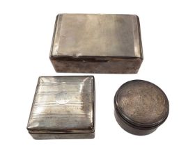 1950s silver cigar box, 1920s silver cigarette box and a round silver pot (3)