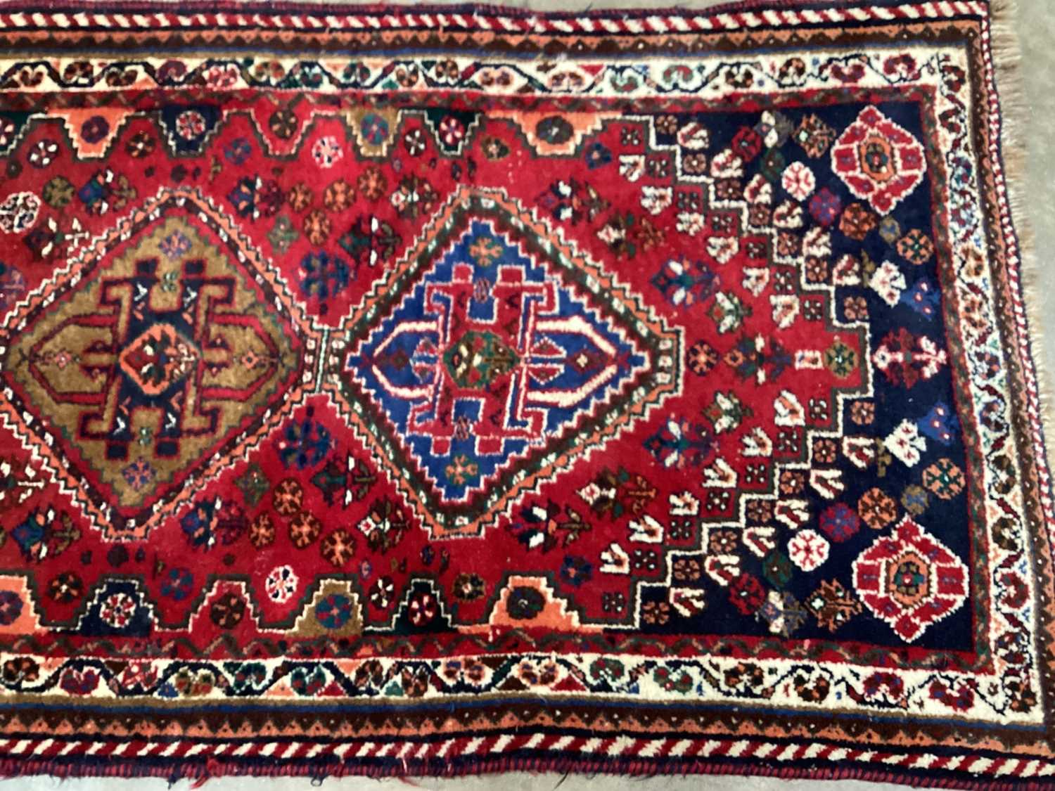 Persian runner with five central medallions on red, blue and cream ground - Image 2 of 5
