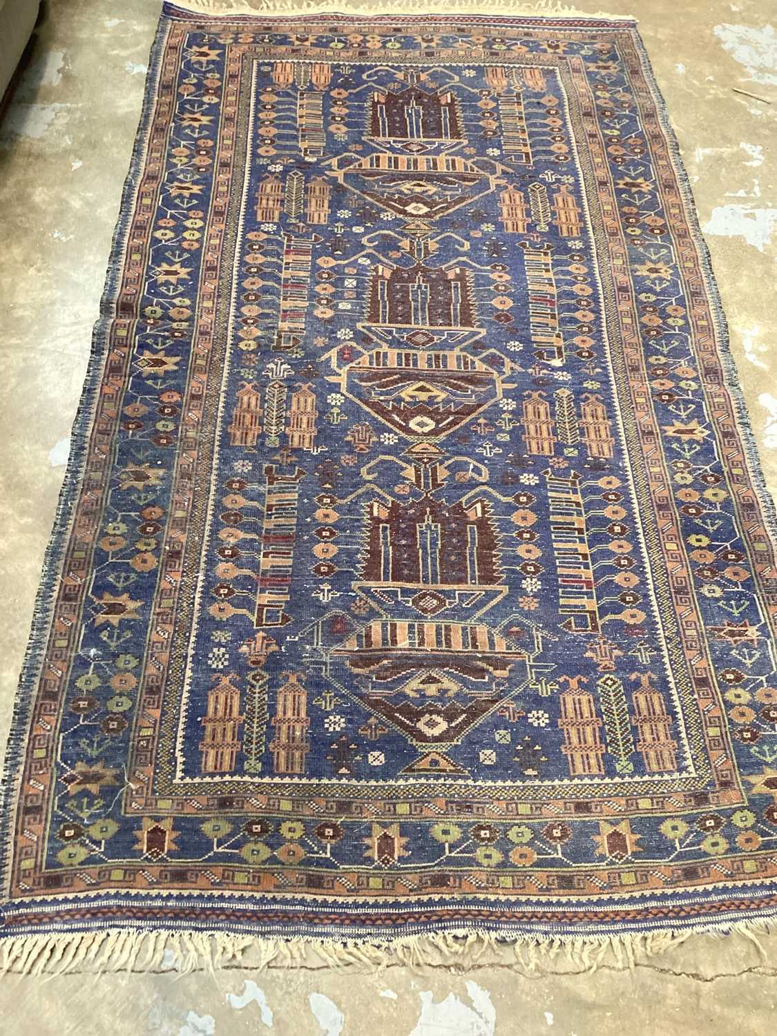 Eastern rug with geometric decoration on blue, green and brown ground, 196cm x 111cm - Image 4 of 4