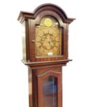 Reproduction mahogany longcase clock with pendulum and two brass weights