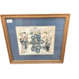 Chinese woodblock print together with two Japanese scrolls and a pair of Chinese silk shoes.
