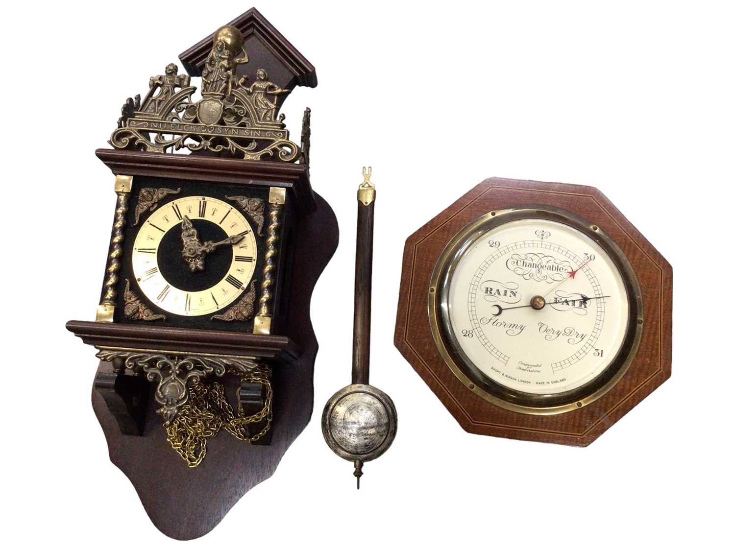 Three 1930s mantle clocks, a wall clock and a Short & Mason London wall barometer (5) - Image 5 of 5