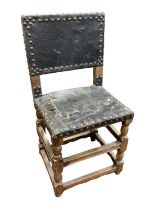 19th century Continental fruitwood side chair with studded leather seat and back