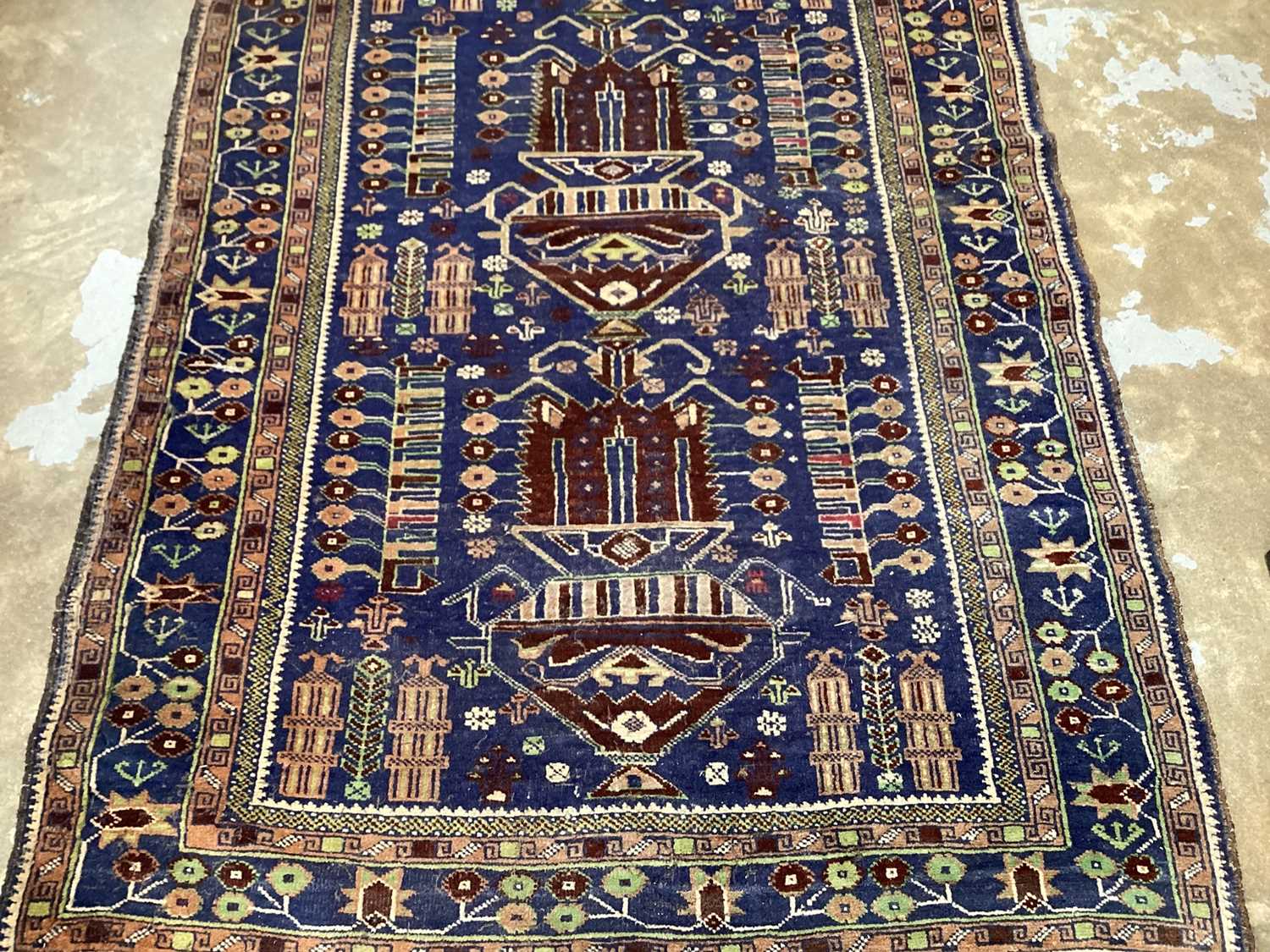 Eastern rug with geometric decoration on blue, green and brown ground, 196cm x 111cm - Image 2 of 4