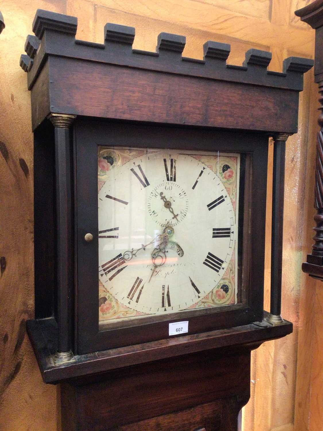 19th century 30 hour longcase clock with painted square dial in oak case with castellated top (no w - Image 2 of 7