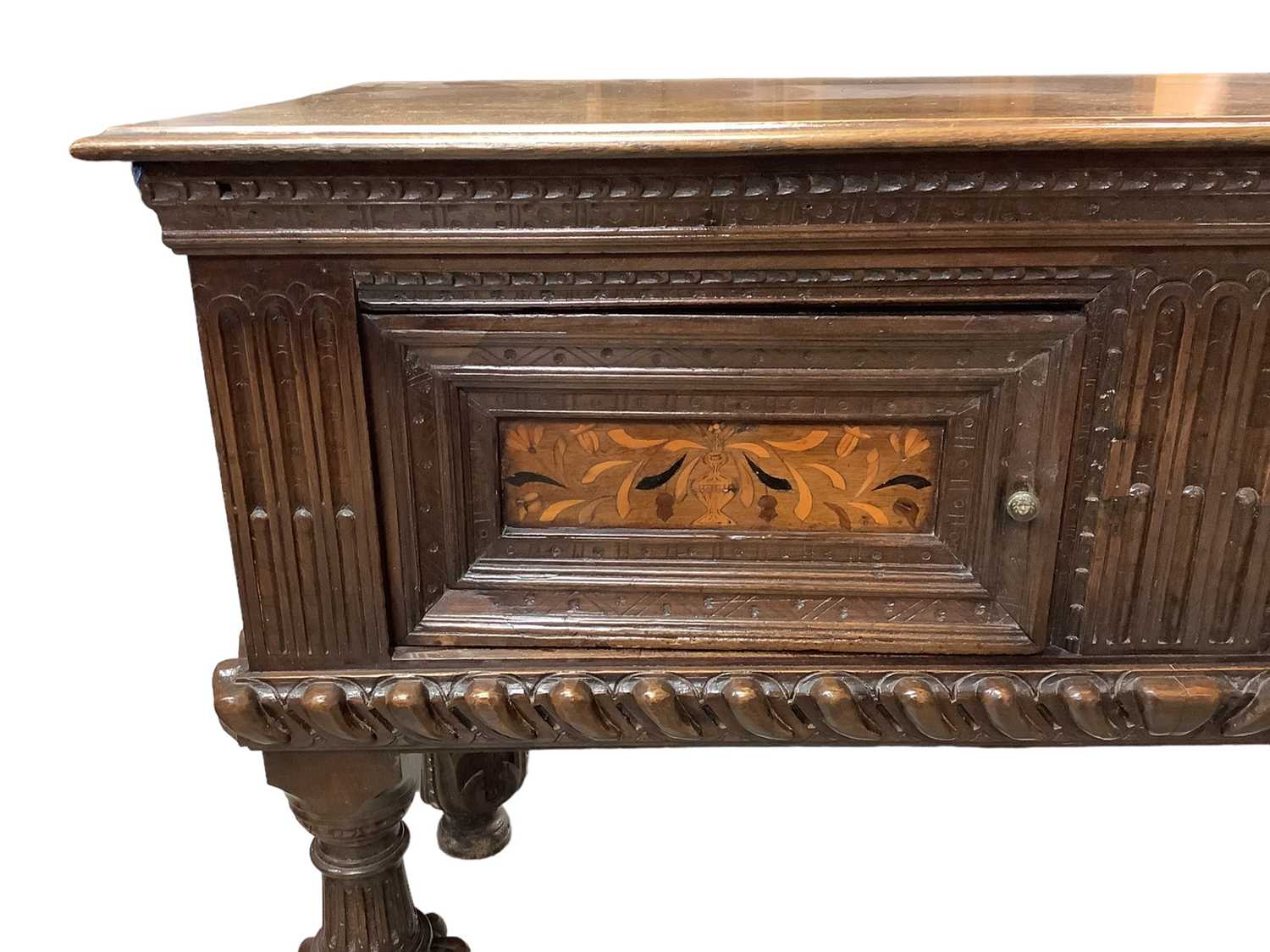 17th century and later oak cupboard enclosed by two inlaid and carved panelled doors on four carved - Image 4 of 4