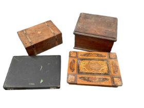 19th century marquetry box, another marquetry and painted box, and two further boxes (4)