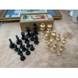 Vintage wood chess set by K & C Ltd in pine box.