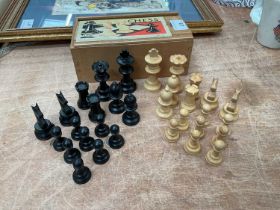 Vintage wood chess set by K & C Ltd in pine box.