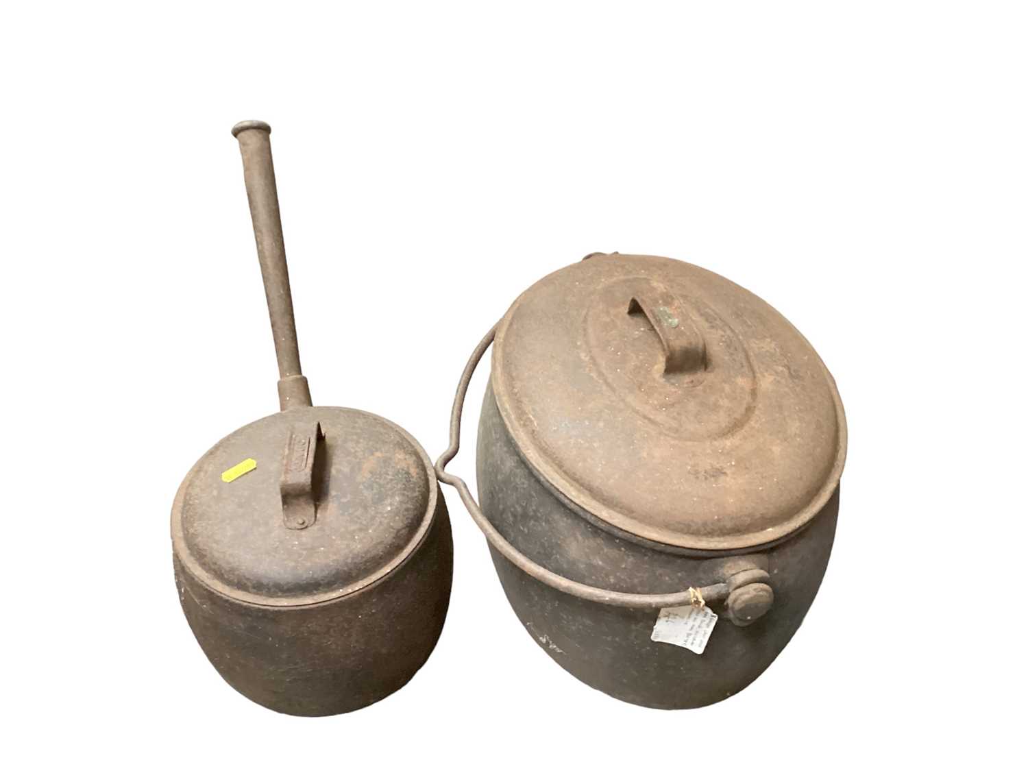 Victorian cast iron ham boiler, cast iron saucepan and box of treen items