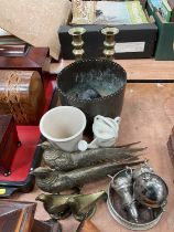 Burmese bowl, brass candlestick, group of pheasant ornaments and other items.