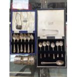 Two cased sets of six silver spoons, one other silver teaspoon, pair silver sugar tongs, three silve