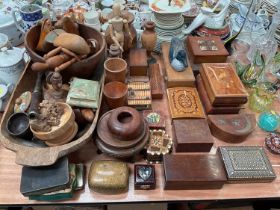 Collection of various treen items to include Chinese carved wood stand, Middle Eastern box and other