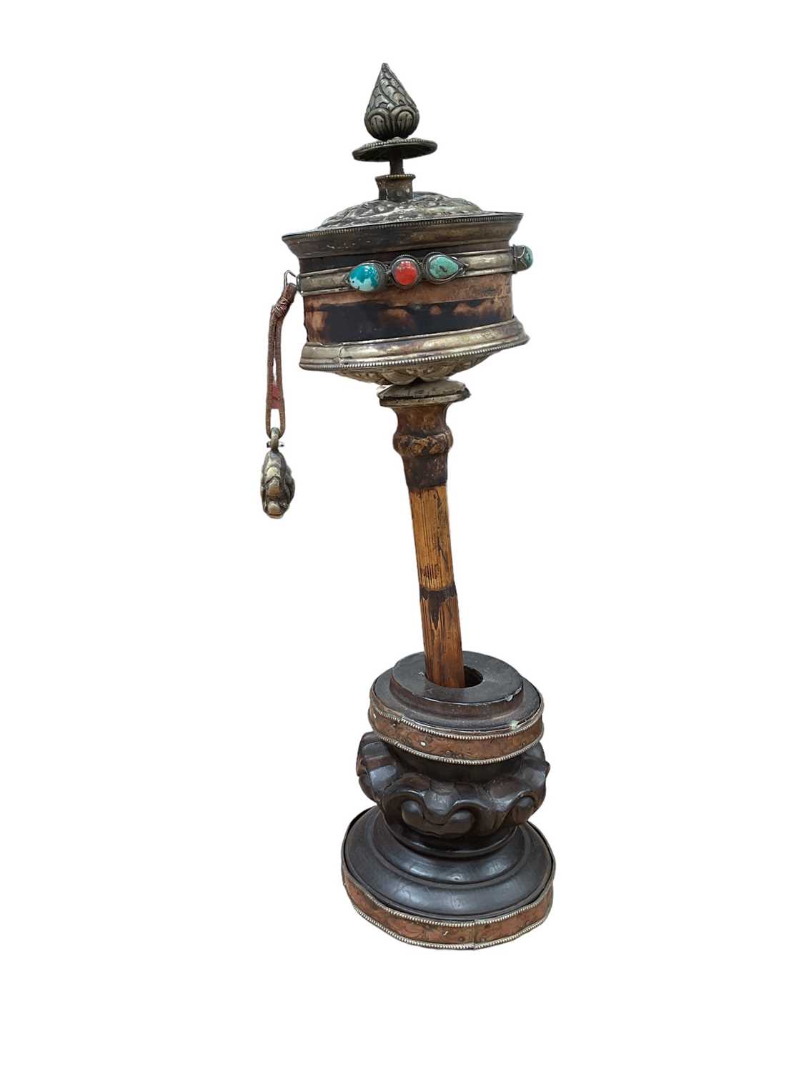 Tibetan prayer wheel and stand, with white metal mounts, total height 44cm
