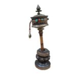 Tibetan prayer wheel and stand, with white metal mounts, total height 44cm
