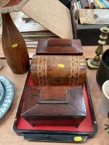 Two 19th century mahogany tea caddies, walnut and parquetry box, a lacquer tray and an oak lamp.