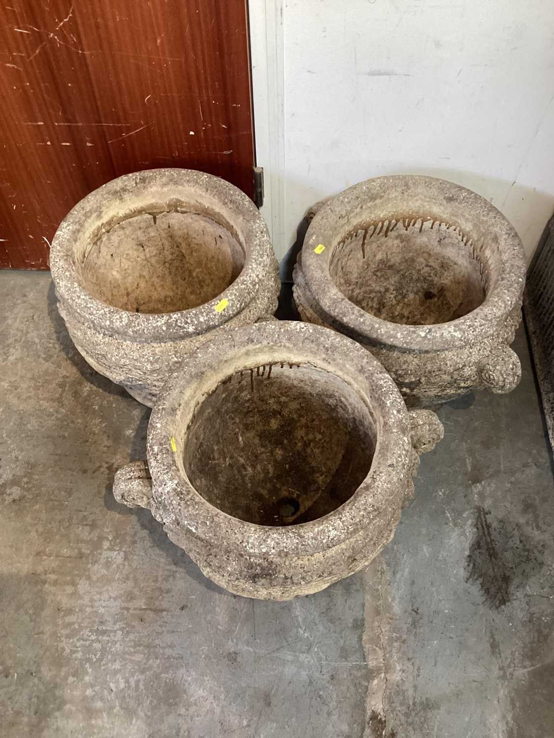 Three concrete garden planters with scroll handles, 41cm high, 40cm diameter - Image 4 of 5