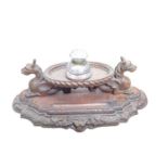 Impressive late Victorian carved oak gothic inkstand, globular cut glass inkwell, on dished oval pla