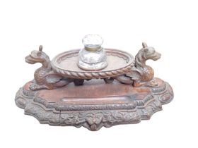 Impressive late Victorian carved oak gothic inkstand, globular cut glass inkwell, on dished oval pla