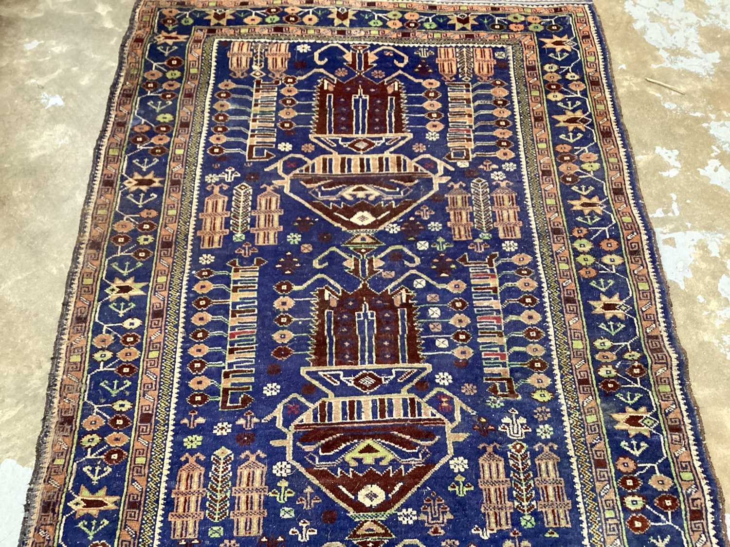 Eastern rug with geometric decoration on blue, green and brown ground, 196cm x 111cm - Image 3 of 4