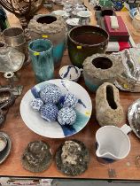 Group of assorted studio pottery together with reproduction blue and white carpet bowles and frog or