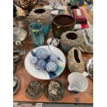 Group of assorted studio pottery together with reproduction blue and white carpet bowles and frog or