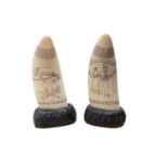 Pair of scrimshaw whale's teeth mounted on wooden bases, 19th century style but later